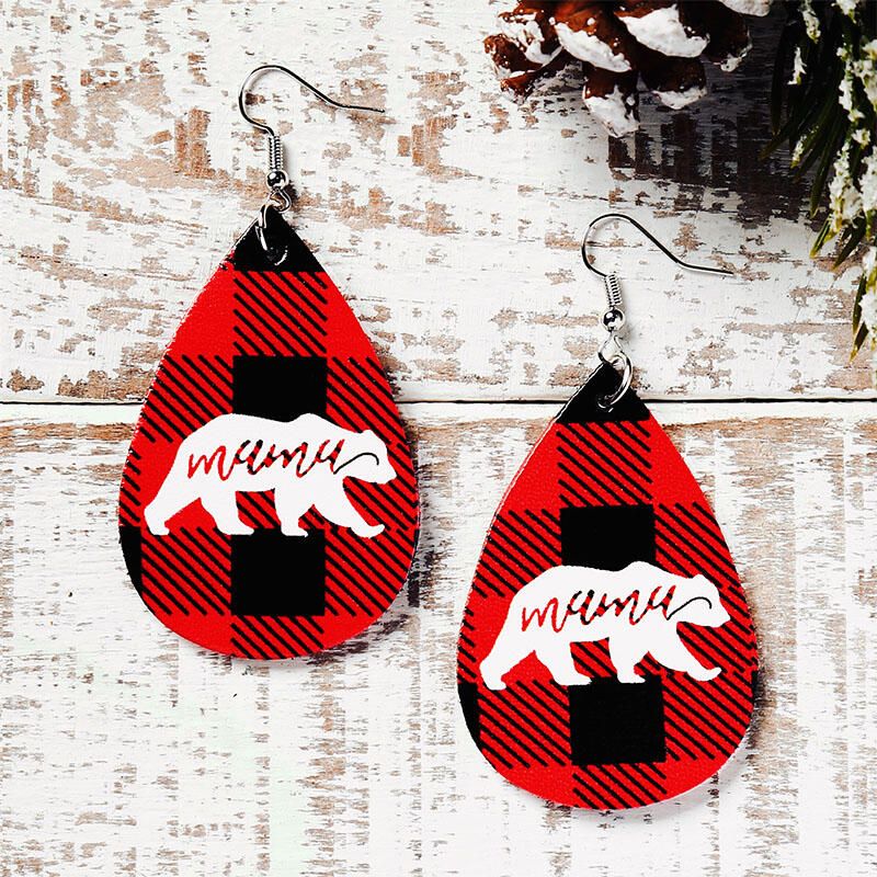 

Christmas Buffalo Plaid Mama Bear Water Drop Earrings - Red, 487749