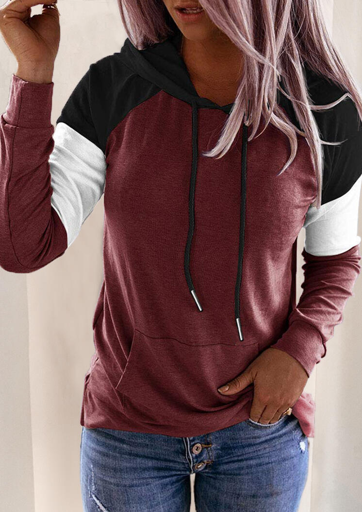 

Color Block Drawstring Kangaroo Pocket Hoodie - Burgundy, 487754