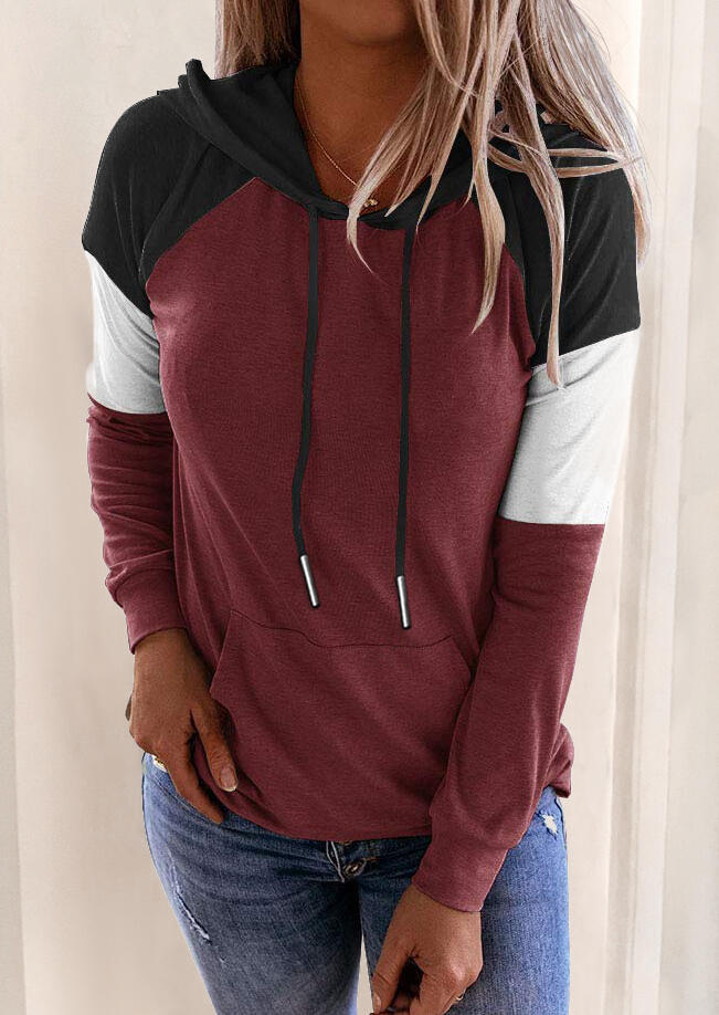 

Hoodies Color Block Drawstring Kangaroo Pocket Hoodie - Burgundy in Red. Size