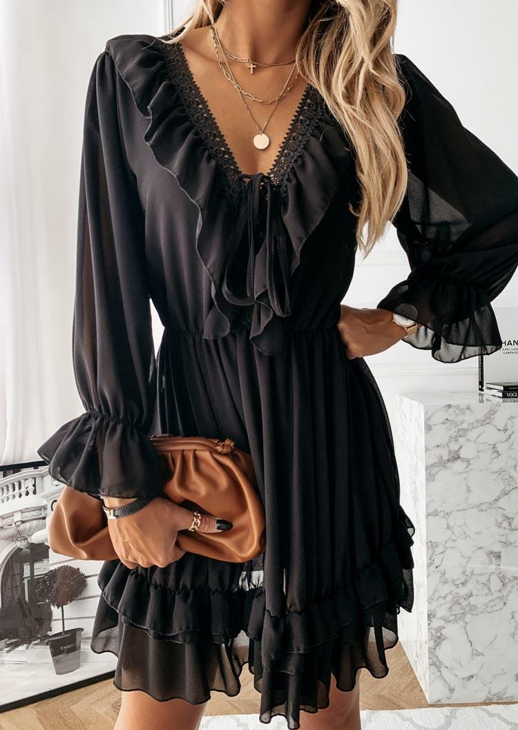 

Ruffled Lace Up V-Neck Elastic Cuff Layered Mini Dress - Black, 487798
