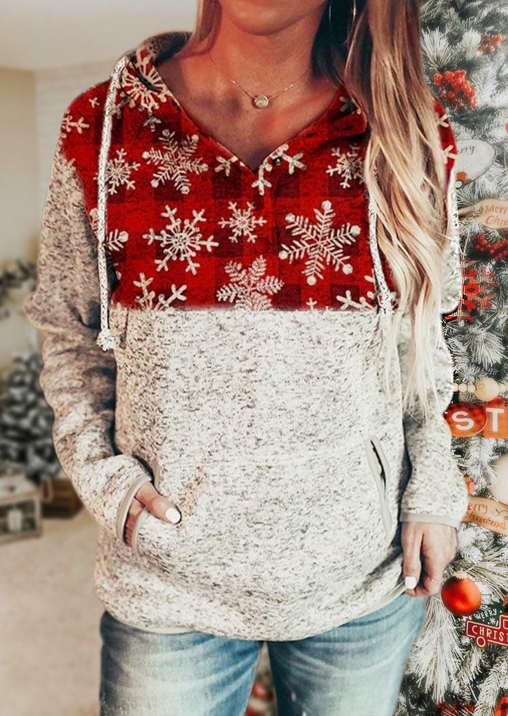 

Hoodies Christmas Snowflake Plaid Drawstring Kangaroo Pocket Hoodie in Plaid. Size