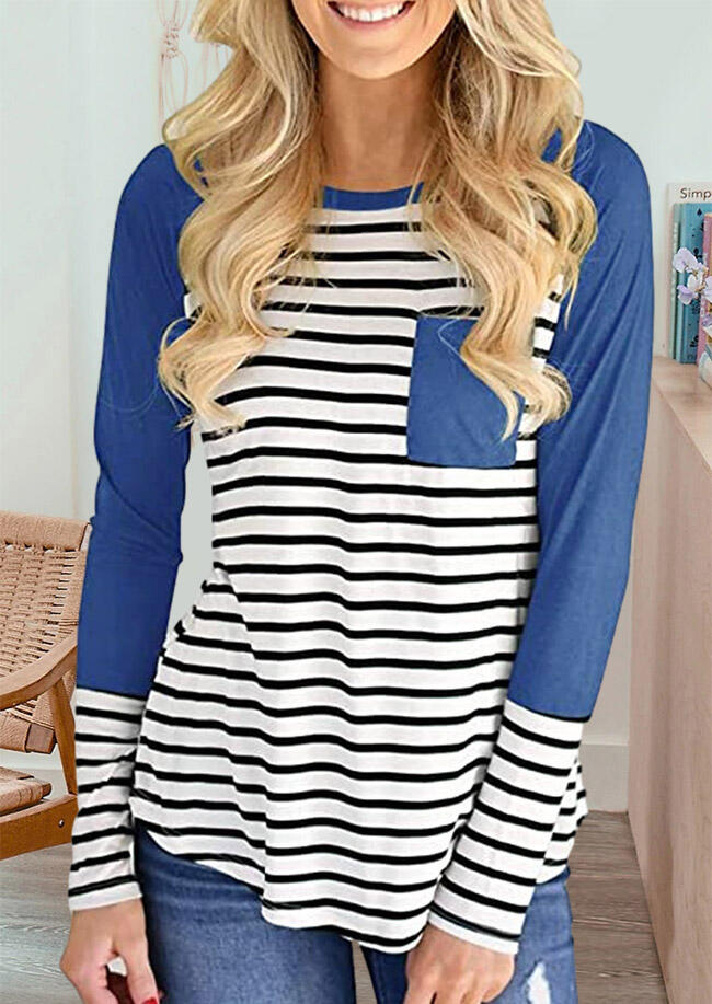 

Blouses Striped Pocket Raglan Long Sleeve Blouse in Blue. Size