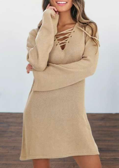 

Lace Up V-Neck Long Sleeve Mini Dress - Khaki, 487817