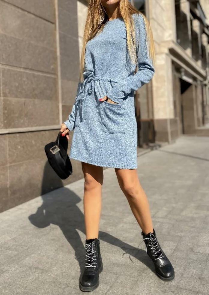 

Mini Dresses Drawstring Pocket Long Sleeve O-Neck Mini Dress in Blue. Size: ,L