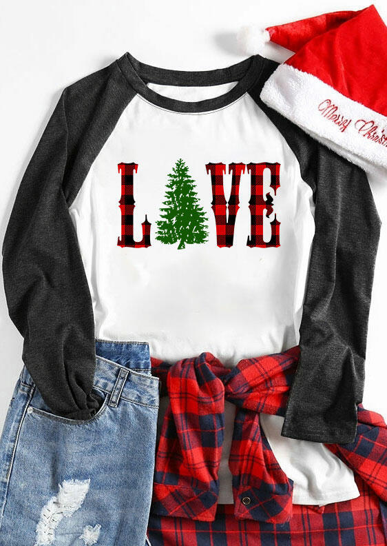 

T-shirts Tees Christmas Tree Plaid Love Baseball T-Shirt Tee in Dark Grey. Size: ,M