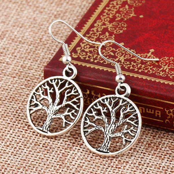 

Vintage Hollow Out Tree Round Pendant Earrings, Silver, 487853