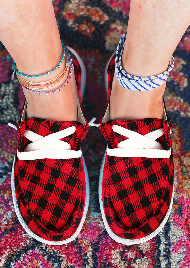 Buffalo Plaid Lace Up Round Toe Flat Sneakers - Red