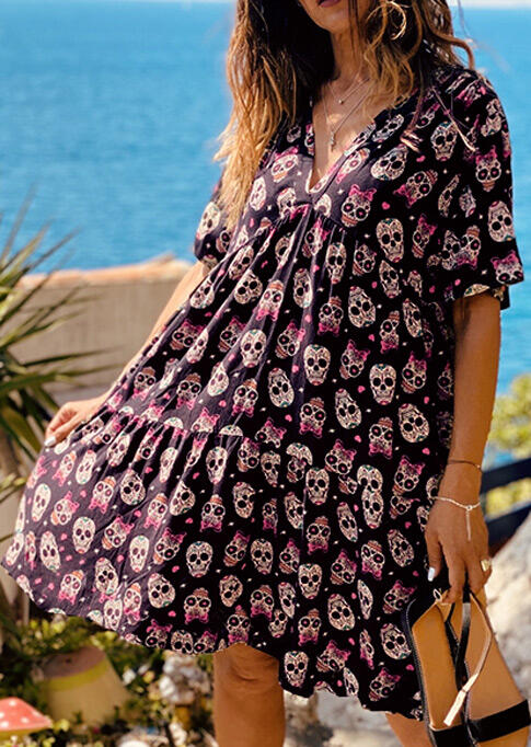

Day Of The Dead Skull Ruffled V-Neck Mini Dress - Black, 485349