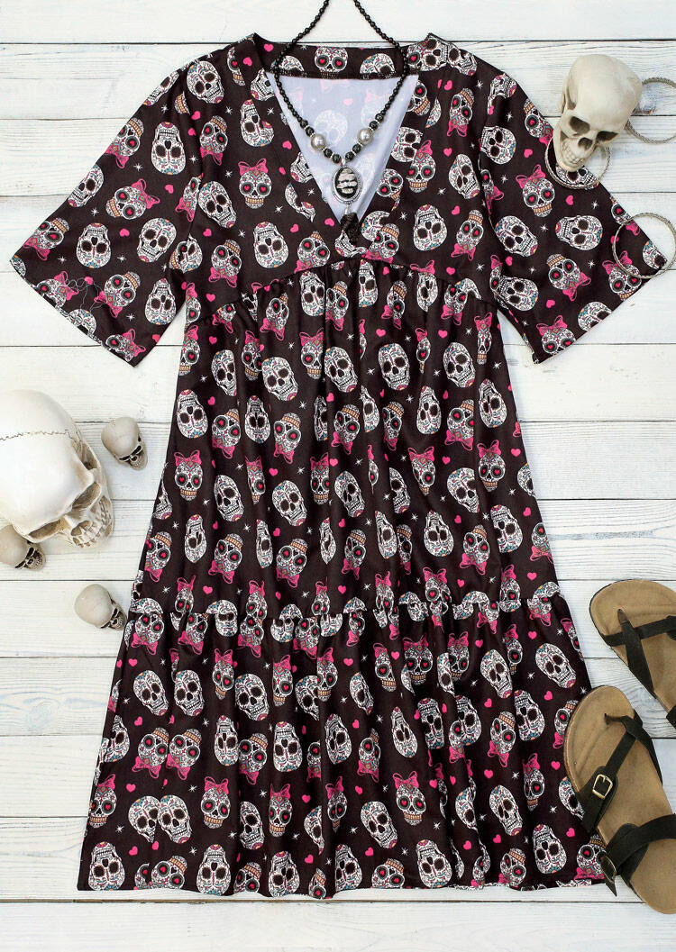 

Mini Dresses Day Of The Dead Skull Ruffled V-Neck Mini Dress in Black. Size