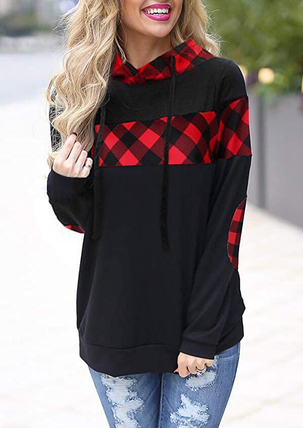 

Hoodies Christmas Buffalo Plaid Splicing Elbow Patch Drawstring Hoodie in Red. Size