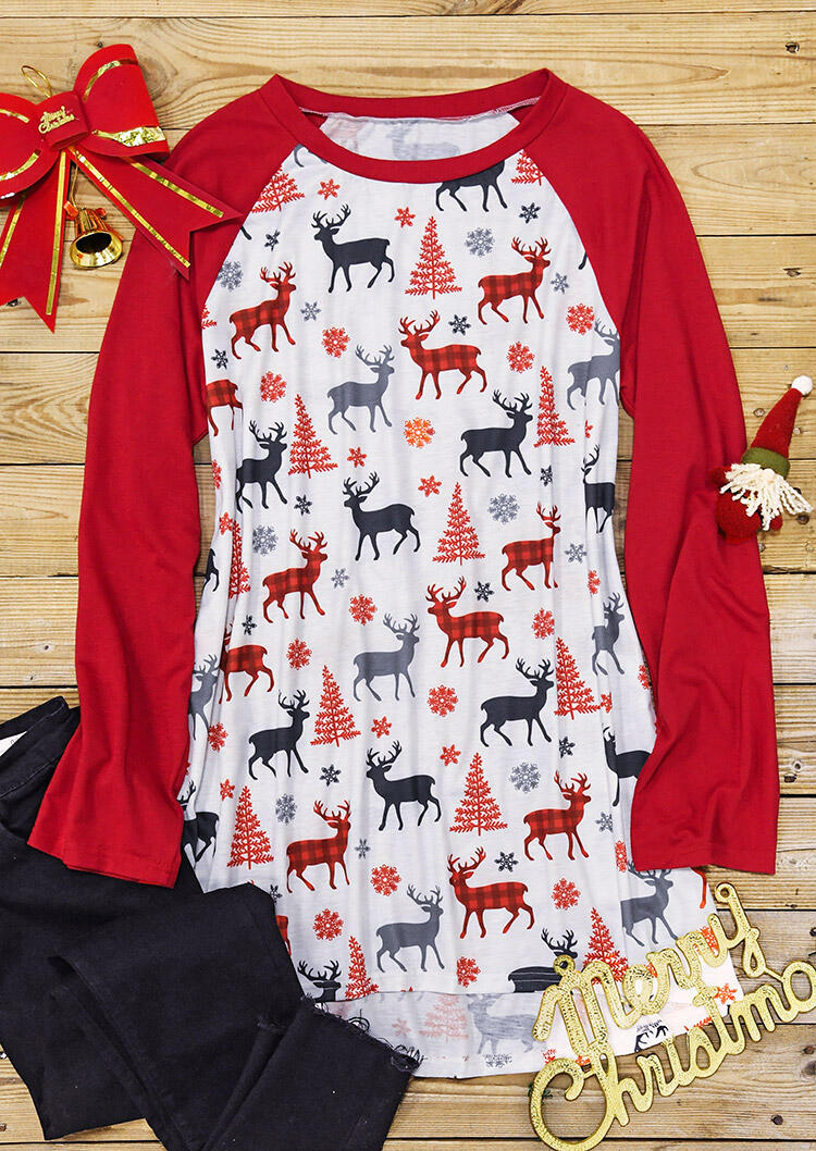 

Blouses Christmas Tree Reindeer Snowflake Asymmetric Blouse in Red. Size