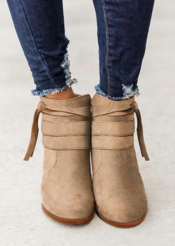 

Zipper Tie Chunky Heel Ankle Boots - Light Khaki, 487768