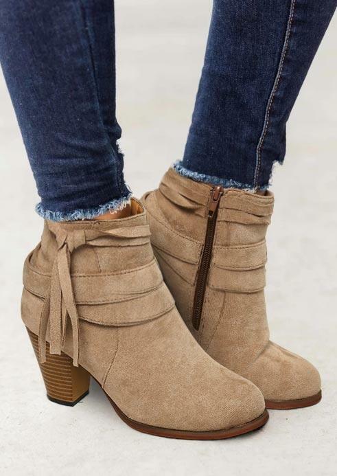 

Boots Zipper Tie Chunky Heel Ankle Boots in Light Khaki. Size