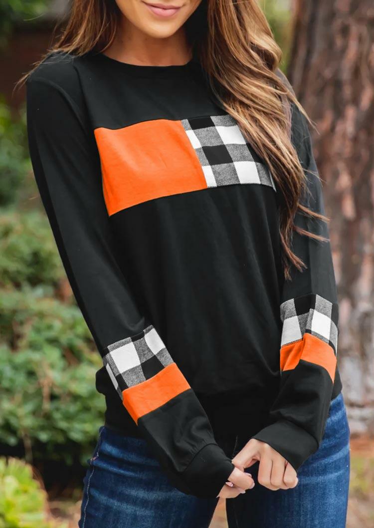 

Color Block Plaid Splicing Blouse - Black, 487830