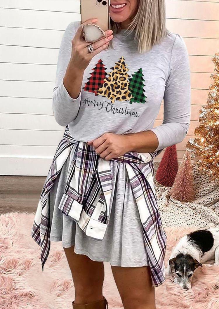 

Merry Christmas Plaid Leopard Tree O-Neck Mini Dress - Gray, 487838
