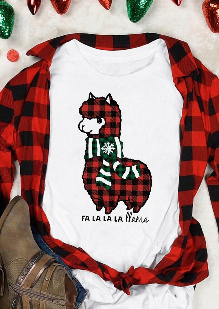 

Tees T-shirts Fa La La La Llama Alpaca Buffalo Plaid T-Shirt Tee in White. Size