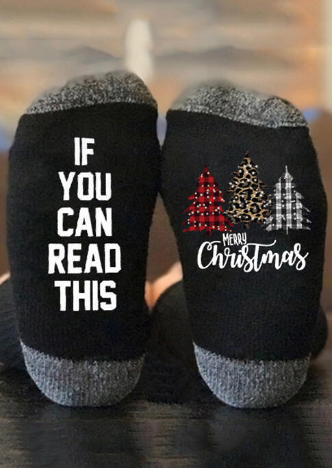 

Merry Christmas Plaid Leopard Tree If You Can Read This Socks - Black, 487842