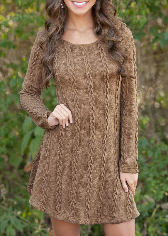 

Mini Dresses Long Sleeve O-Neck Knitted Mini Dress in Brown. Size