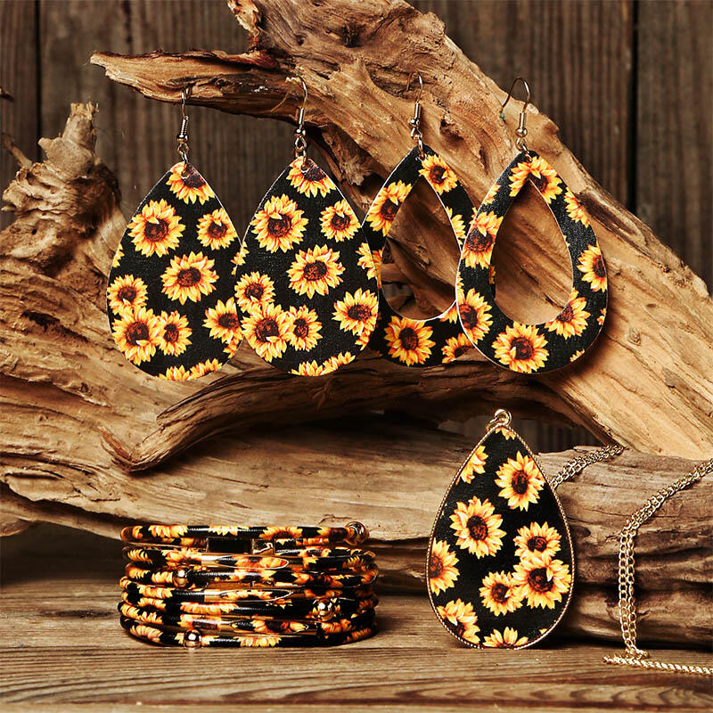 

6Pcs Sunflower Hollow Out Earrings Multil-Layered Bracelet And Necklace Set, Yellow, 487861