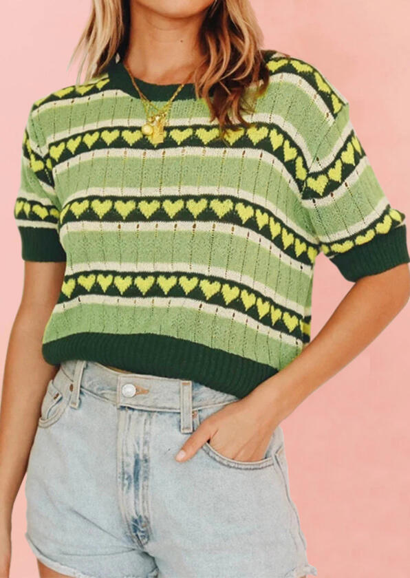 

Blouses Heart O-Neck Casual Knitted Blouse in Green. Size
