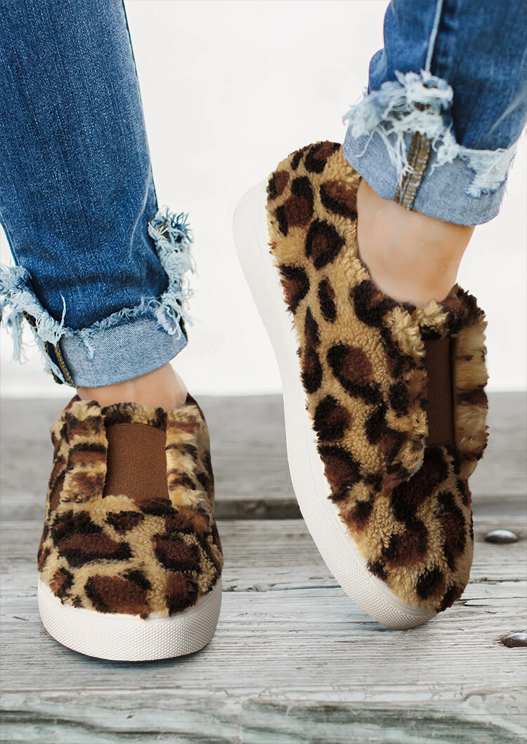 

Leopard Plush Warm Slip On Flat Sneakers, 487880