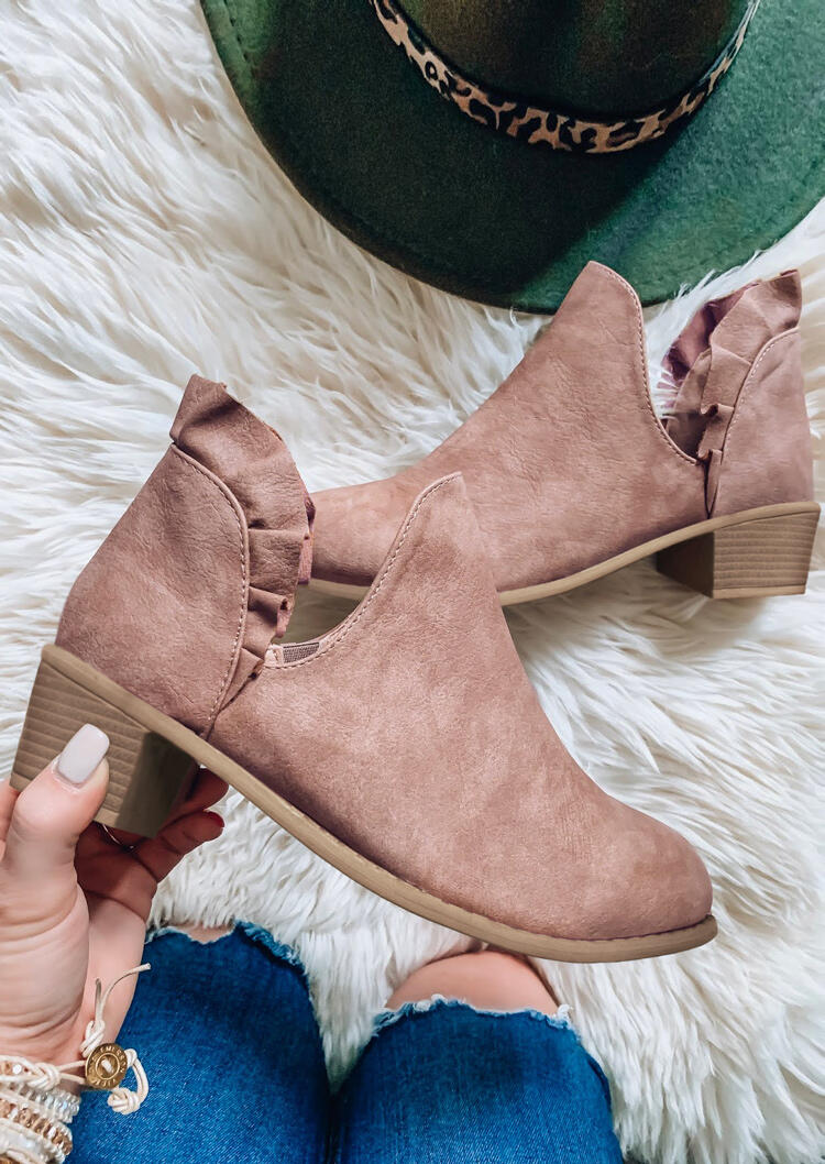 Ruffled Slip On Chunky Heel Ankle Boots - Pink