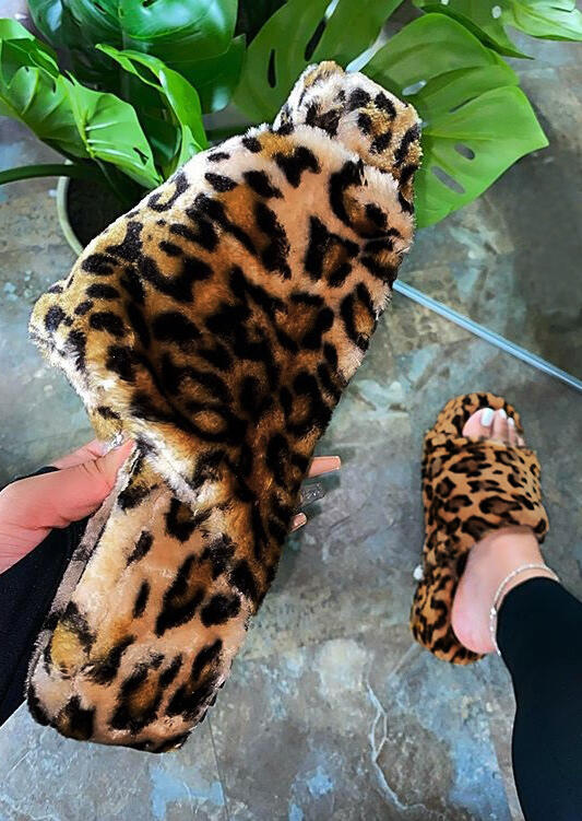 

Western Leopard Open Toe Platform Plush Slippers, 487898