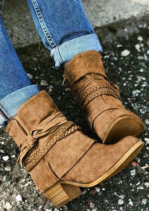 Chunky Heel Round Toe Strap Ankle Boots - Light Brown - Fairyseason