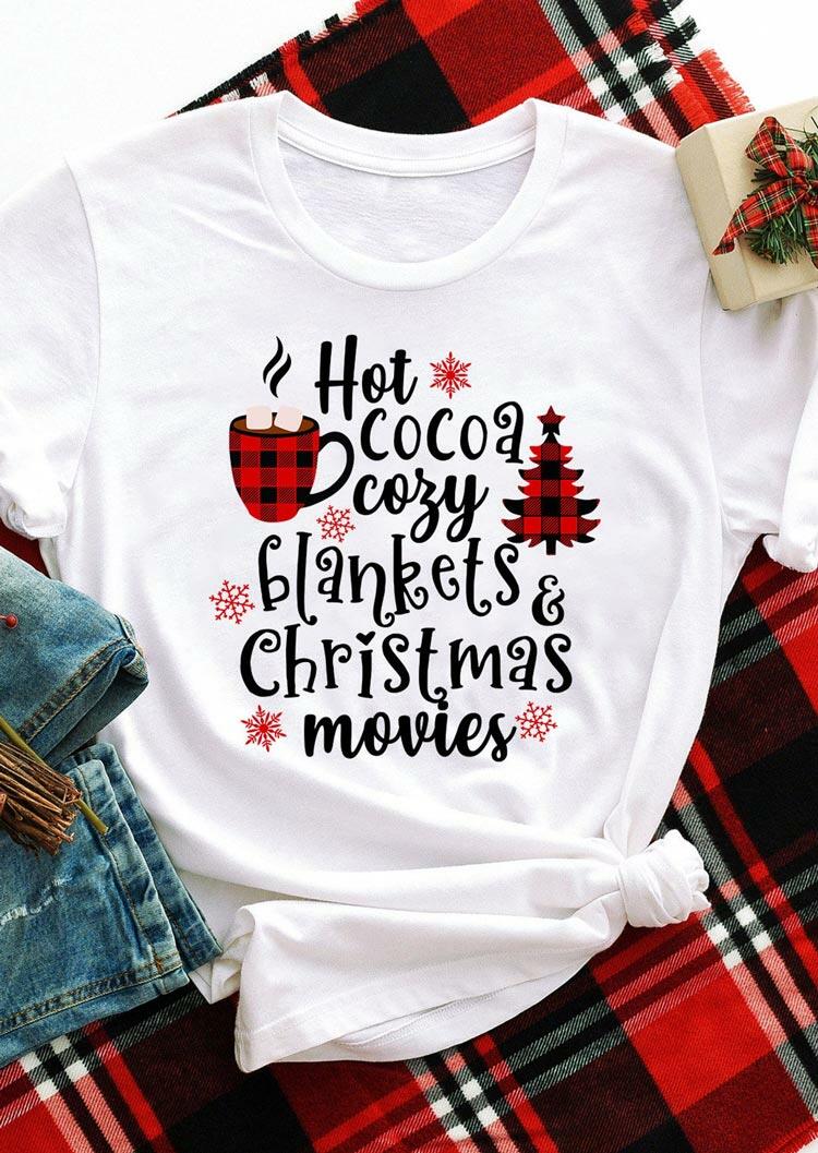 

T-shirts Tees Hot Cocoa Cozy Blankets Christmas Movies Plaid T-Shirt Tee in White. Size