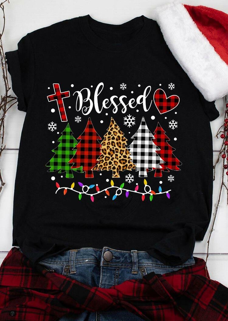 

T-shirts Tees Leopard Plaid Christmas Tree Blessed Cross Snowflake T-Shirt Tee in Black. Size