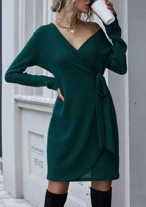 

Wrap Tie V-Neck Long Sleeve Knitted Mini Dress - Green, 487932