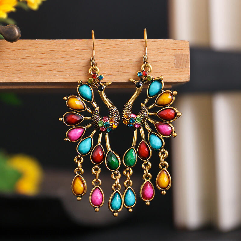 

Vintage Colorful Resin Gem Peacock Dangle Earrings, Green;multicolor, 487938