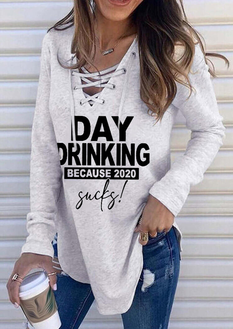 

Blouses Day Drinking Because 2020 Sucks Lace Up Blouse in Light Grey. Size