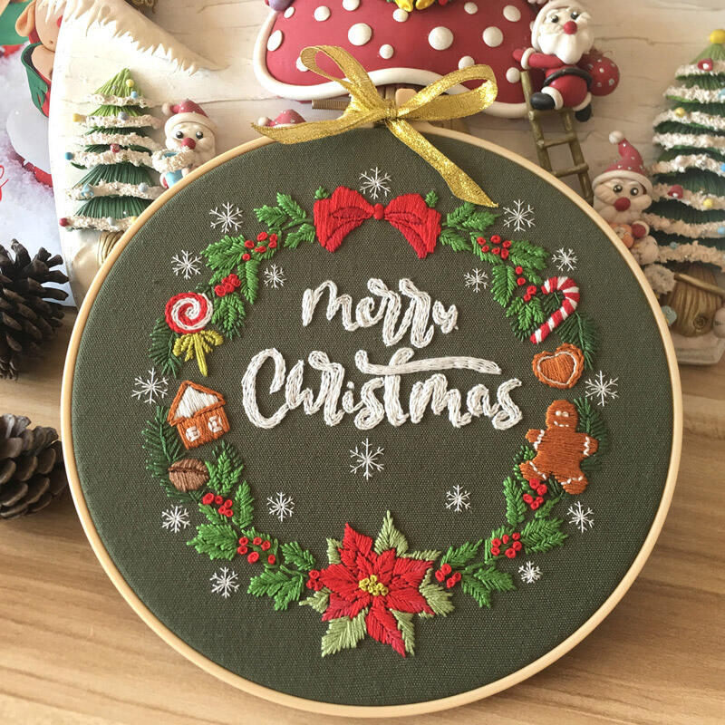 

Christmas Decoration Merry Christmas Snowman Floral Embroidery Kit For Beginner in Green. Size