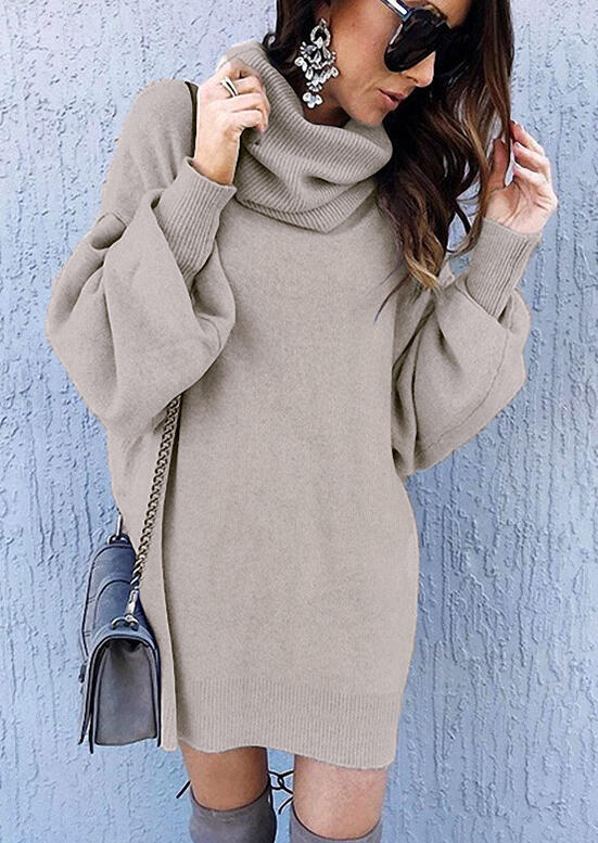 

Mini Dresses Turtleneck Elastic Cuff Sweater Mini Dress in Gray. Size