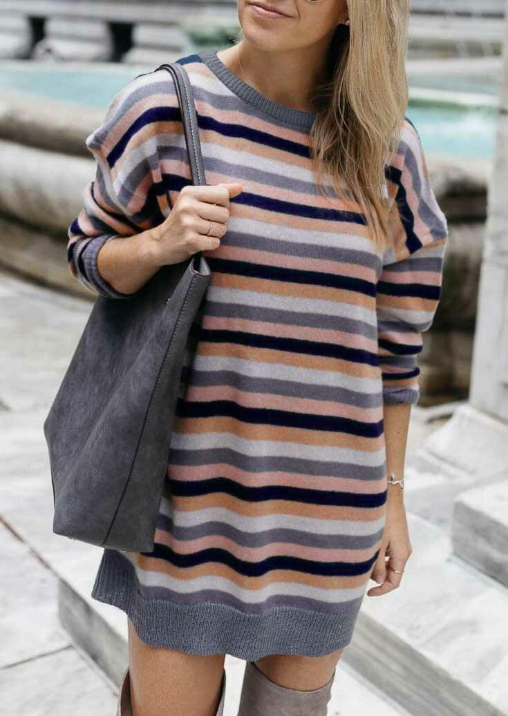 Mini Dresses Colorful Striped Knitted Long Sleeve Mini Dress in Multicolor. Size: L,M,S,XL