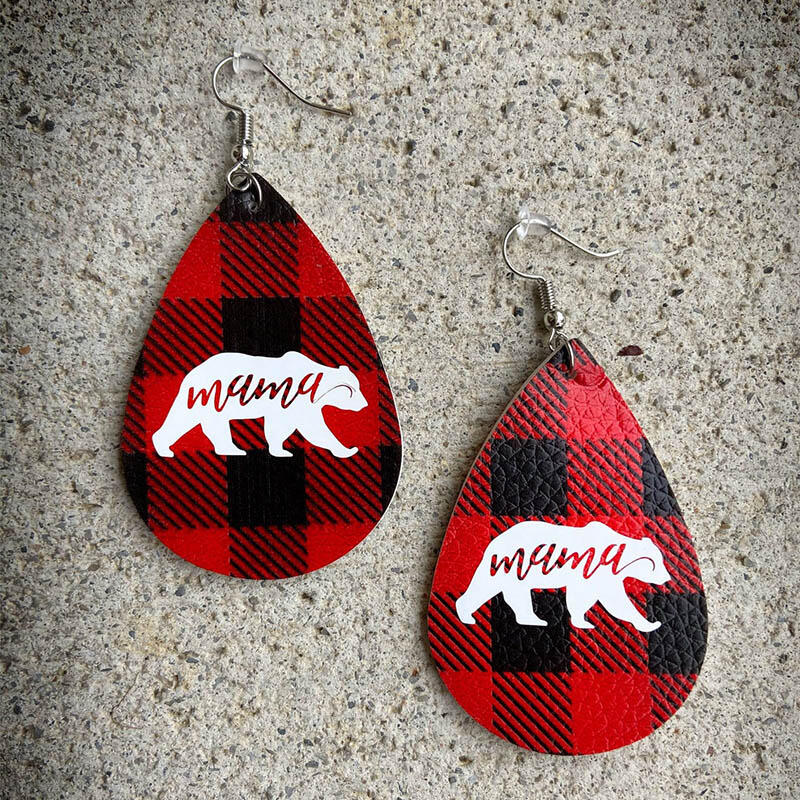 

Earrings Double-Sided Buffalo Plaid Mama Bear Water Drop Earrings in Red. Size
