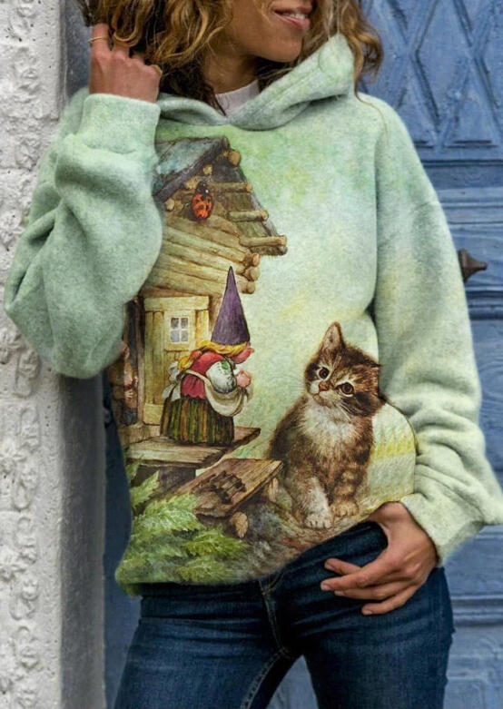 

Hoodies Cute Cat Tie Dye Pullover Hoodie in Light Green. Size