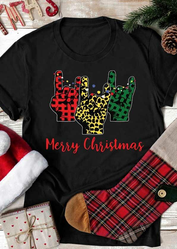 

Merry Christmas Rocks Buffalo Plaid Leopard T-Shirt Tee - Black, 488004