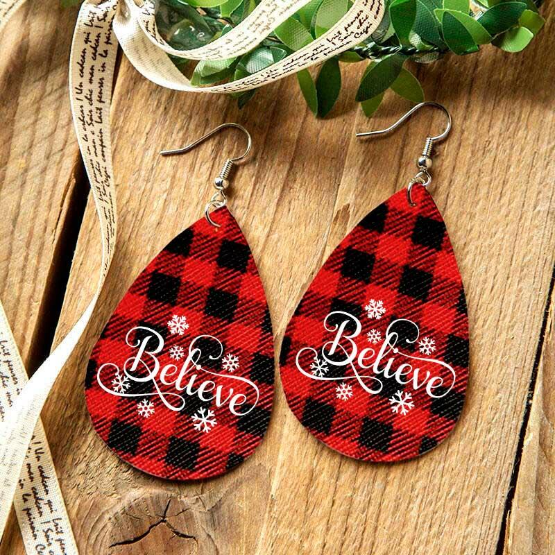 

Christmas Buffalo Plaid Snowflake Believe Water Drop Earrings - Red, 488008