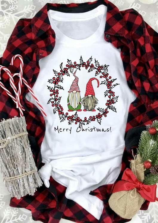 

T-shirts Tees Merry Christmas Gnomies Wreath T-Shirt Tee in White. Size
