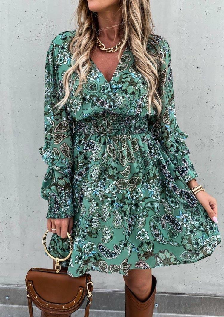 

Paisley Floral Ruffled V-Neck Elastic Waist Mini Dress - Green, 488022