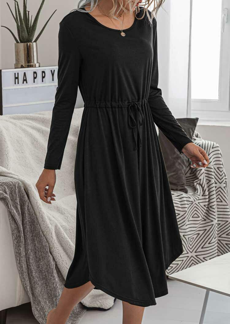 

Casual Dresses Asymmetric Drawstring Long Sleeve O-Neck Casual Dress in Black. Size