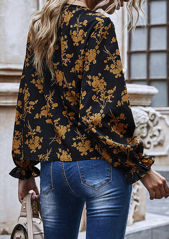 

Blouses Floral Ruffled Long Sleeve O-Neck Blouse in Black. Size