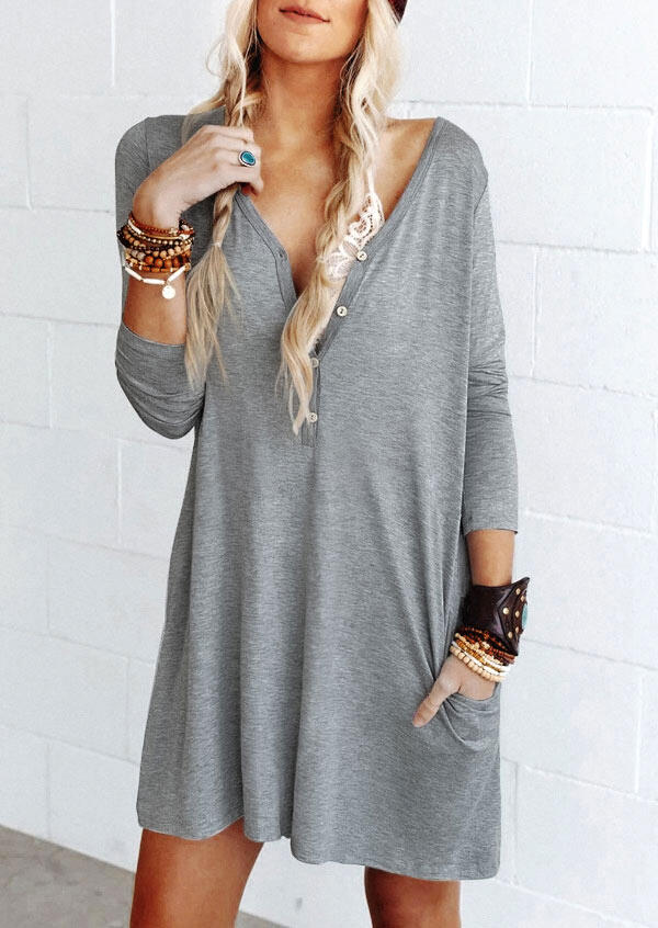 

Button Pocket Deep V-Neck Long Sleeve Mini Dress - Gray, 488061