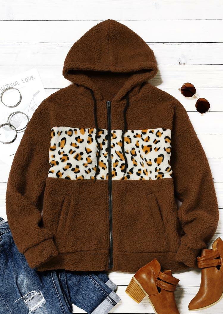 Coats Leopard Splicing Pocket Zipper Drawstring Fleece Coat in Brown. Size: L,M,S,XL