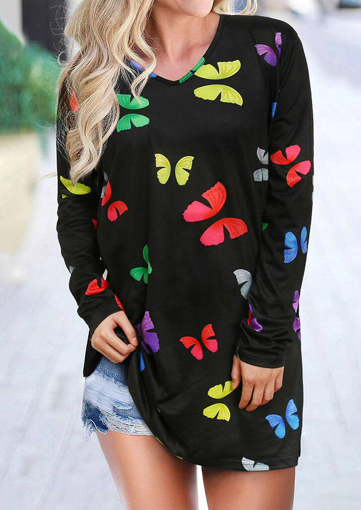 

Blouses Colorful Butterfly Slit Long Sleeve Blouse in Black. Size