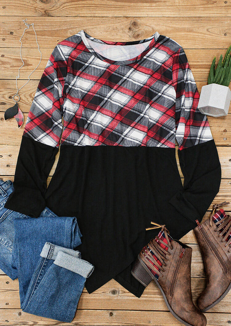 

Blouses Plaid Splicing Asymmetric Long Sleeve Blouse in Plaid. Size