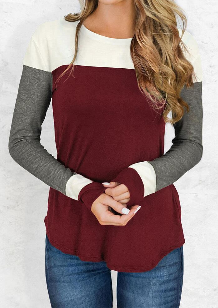 

Color Block Long Sleeve T-Shirt Tee - Burgundy, 488048