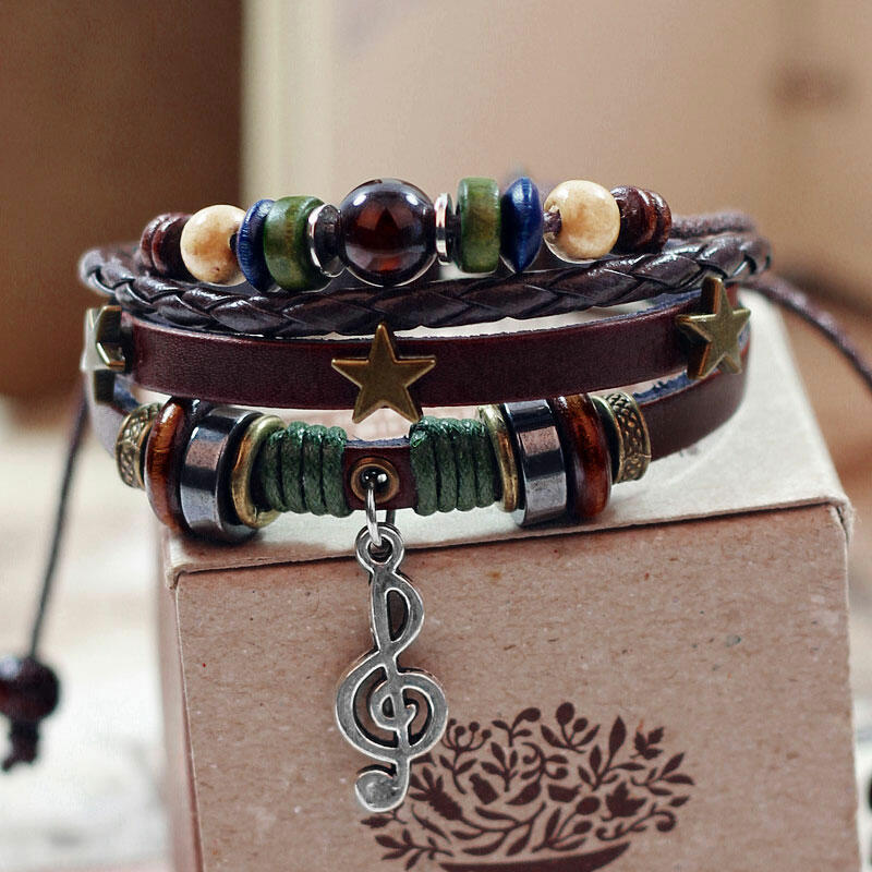 

Bracelet Music Symbol Beading Star Multi-Layered Braided Bracelet in Dark Brown. Size